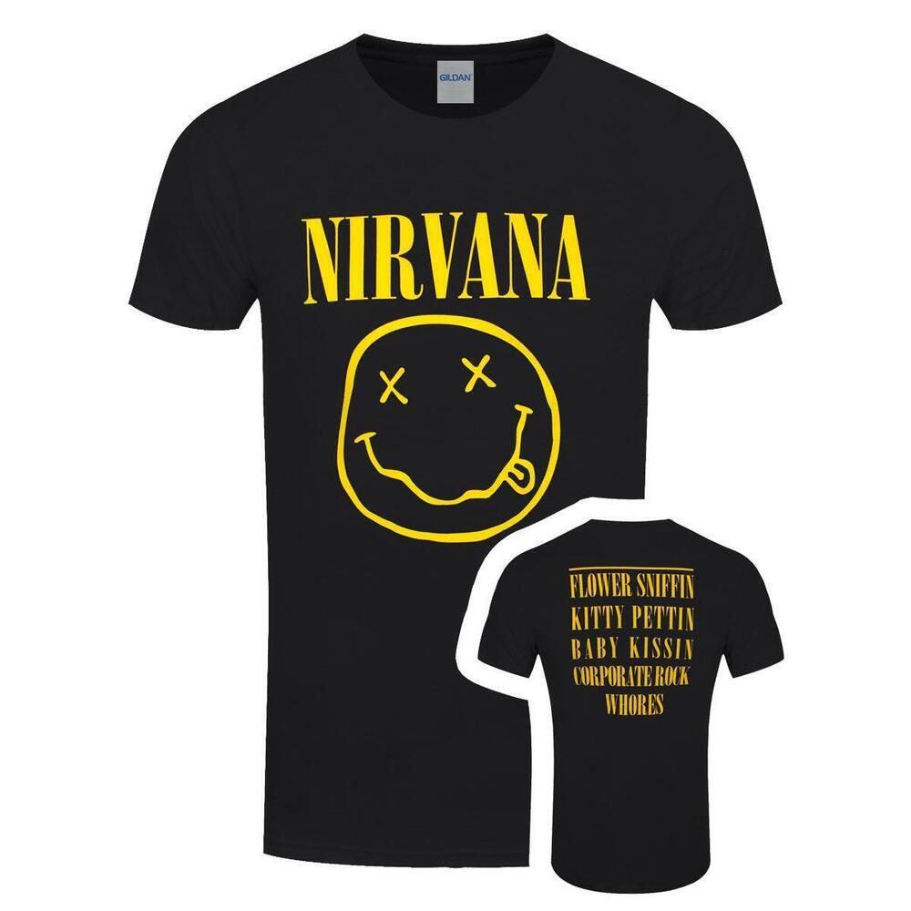 Nirvana Yellow Happy Face Flower Sniffin Mens Black Tshirt 2 Sided